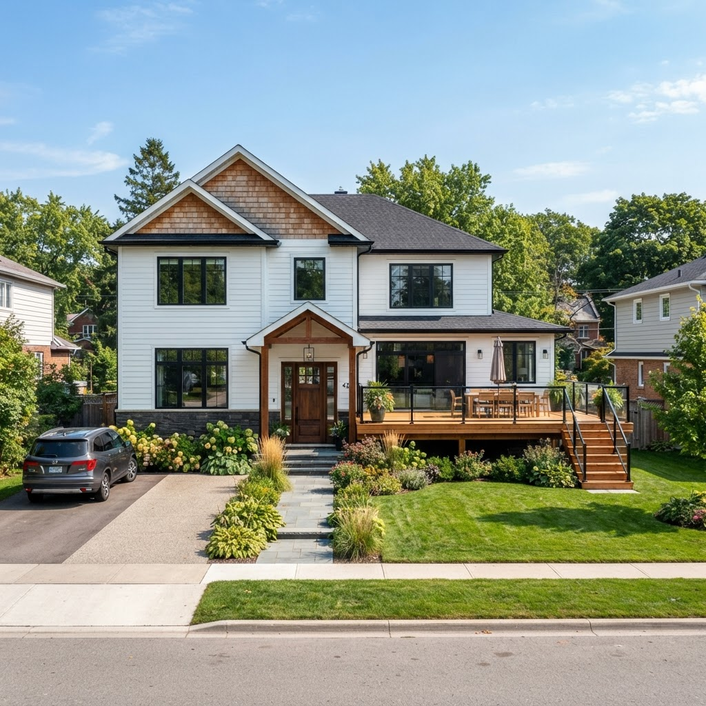 Beautifully renovated home exterior with new windows, door, deck, and siding
